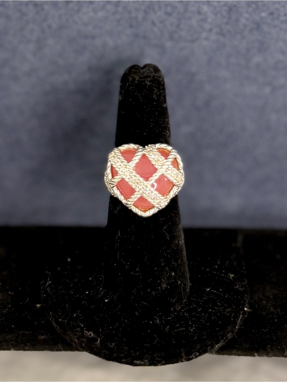 JUDITH RIPKA Sterling Silver Pink Rose Quartz & CZ Lattice Heart Ring; 6.75